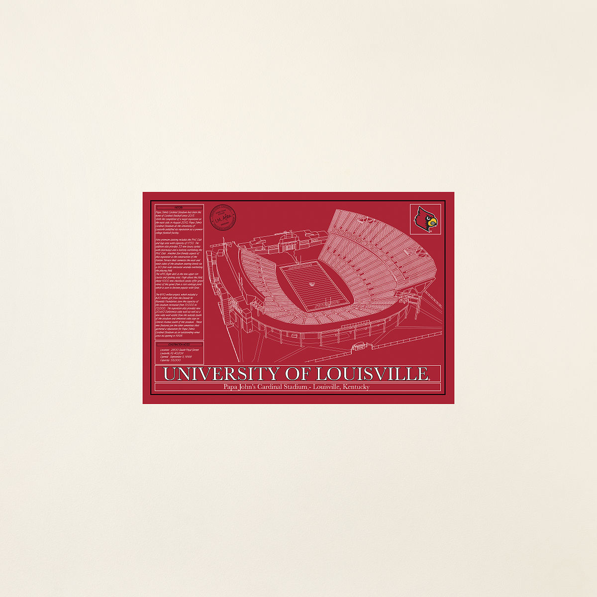 Football Stadium Blueprints - College Colors - University of Louisville - Unframed
