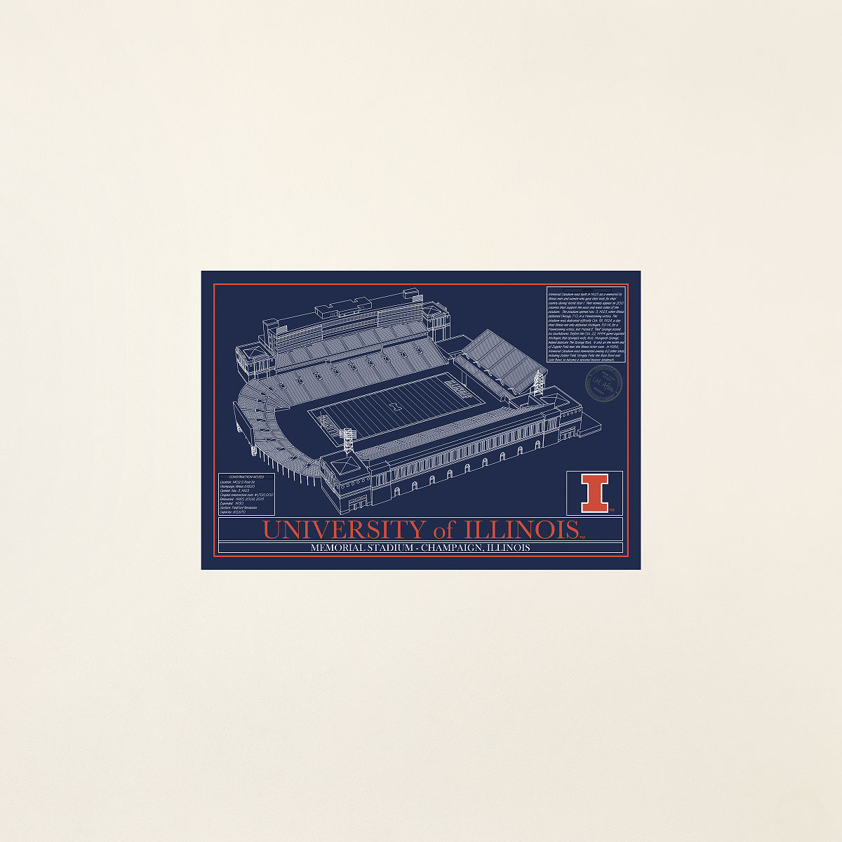 Football Stadium Blueprints - College Colors - University of Illinois - Unframed