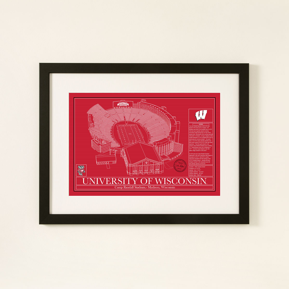 Football Stadium Blueprints - College Colors - University of Wisconsin - Framed