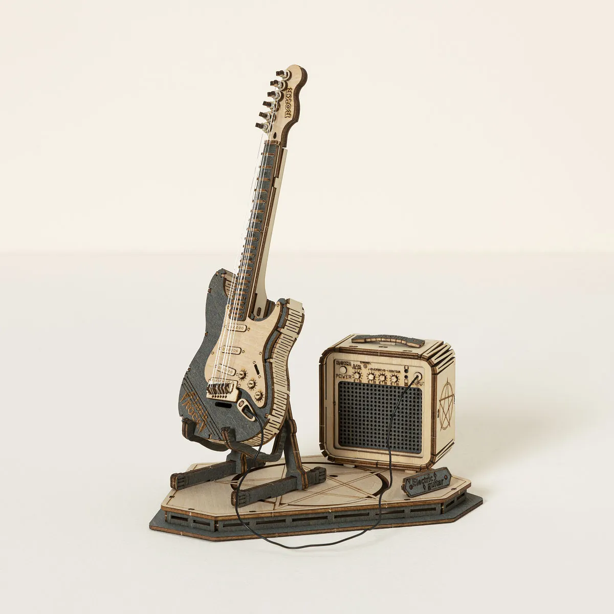 Mini Electric Guitar Model Building Kit with miniature guitar, amplifier, and stage
