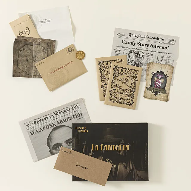 newspaper clippings and other pieces for live mystery from Uncommon Goods