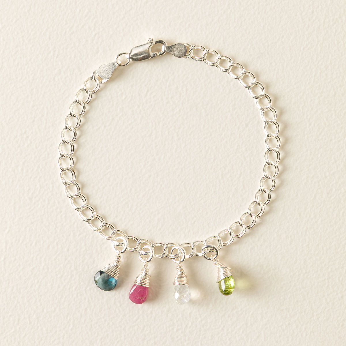 Personalized Birthstone Charm Bracelet - 4 Birthstones - Sterling Silver