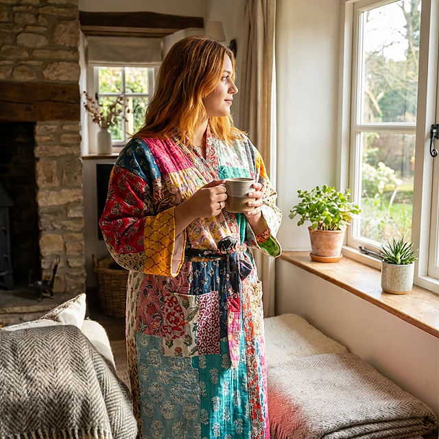 Repurposed Sari Fleece Lined Robe