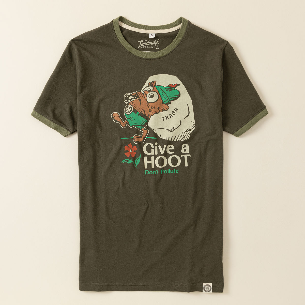 Give a Hoot Don't Pollute Ringer Tee - Olive, Medium
