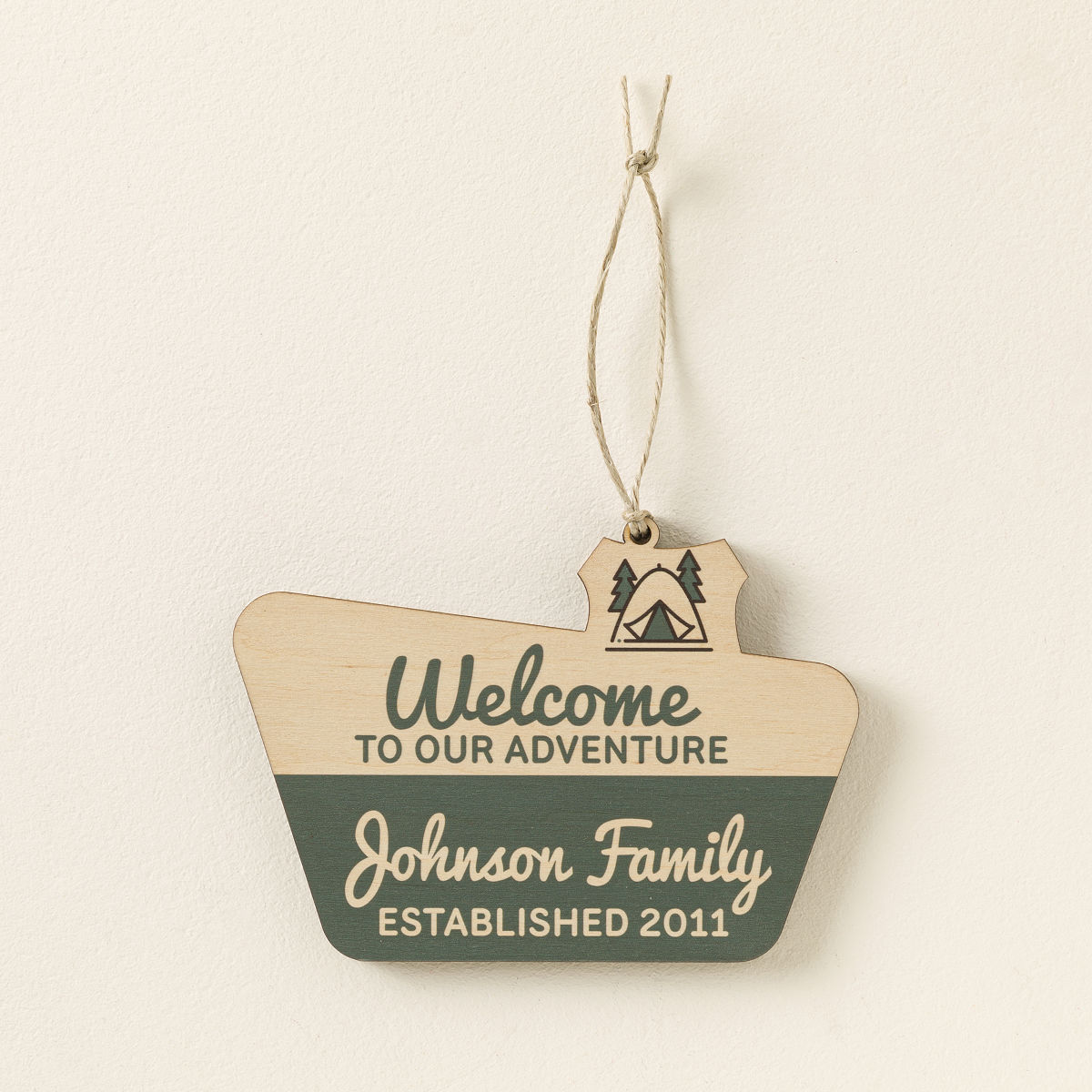 Personalized Adventure Sign Ornament - Sage Green - 2 Pines and Tent