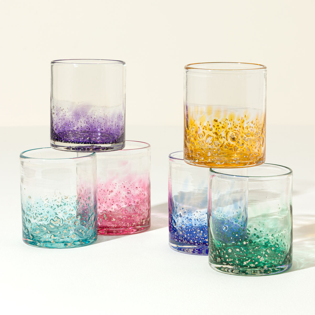 Handblown Mica Rocks Glasses - Rainbow - Set of 6