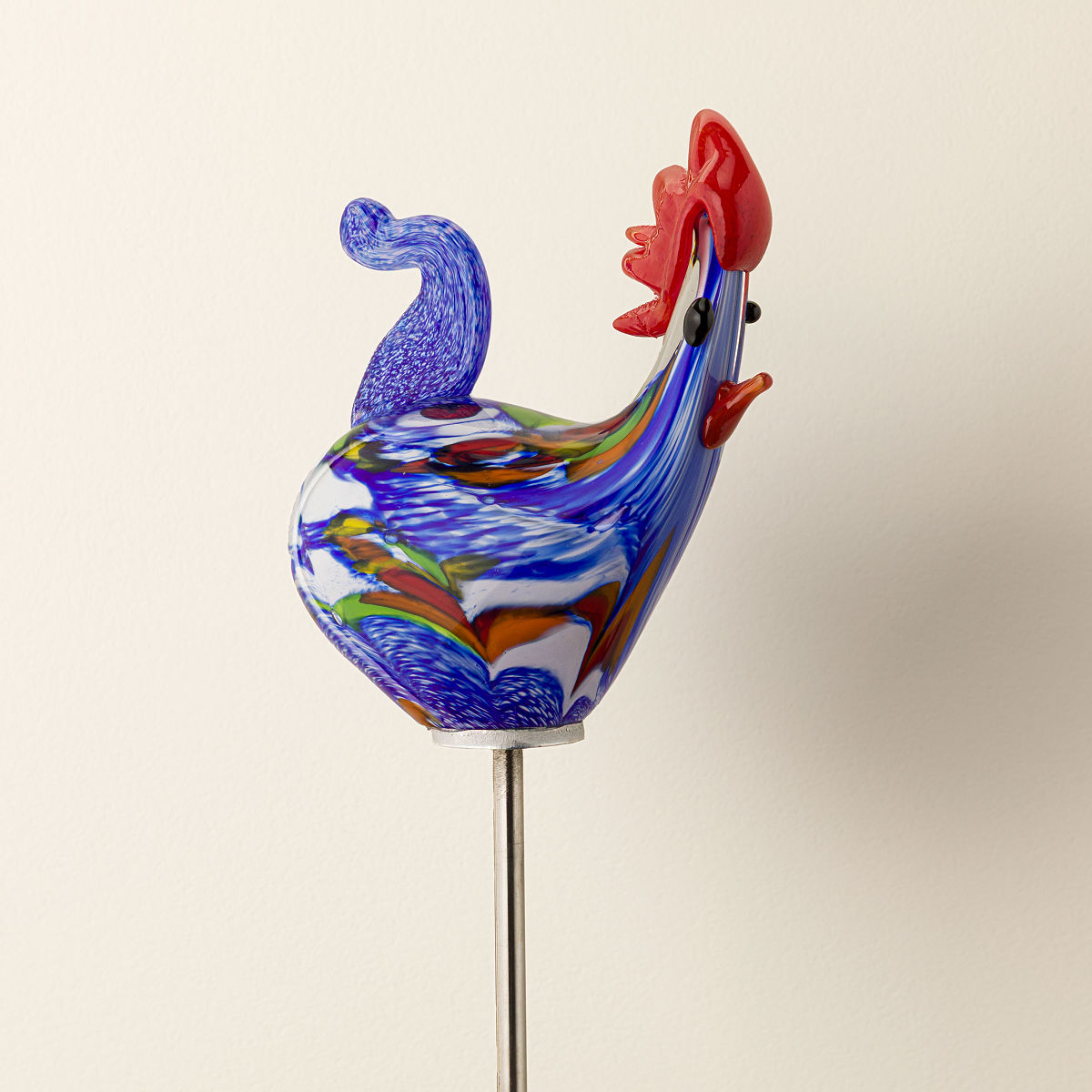Handblown Glass Rooster Garden Sculpture - Blue - Multi Color
