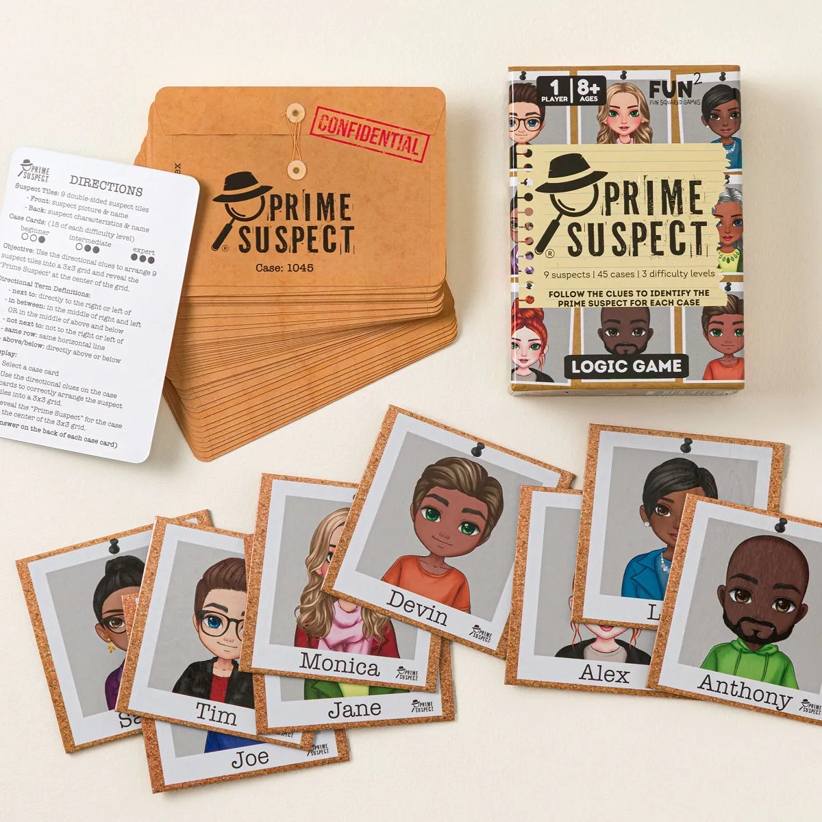 Prime Suspect Directional Logic Game with suspect tiles and challenge cards