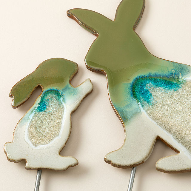 Rabbit Family Ceramic Glazed Garden Stakes