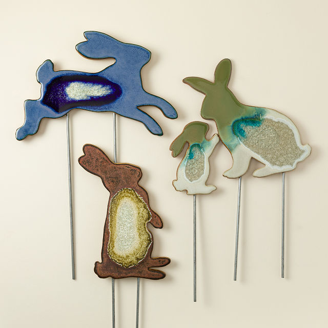 Rabbit Family Ceramic Glazed Garden Stakes