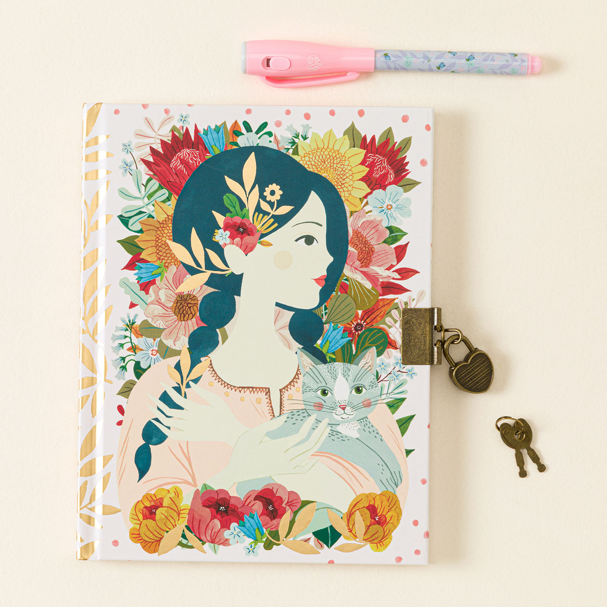 Locked Journal with Invisible Ink Pen - Girl with Cat
