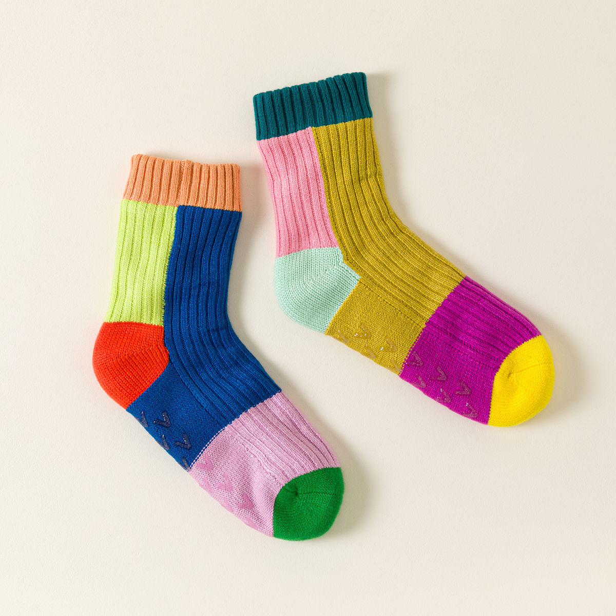 Rainbow Patchwork Slipper Socks - Peach/Cobalt S/M