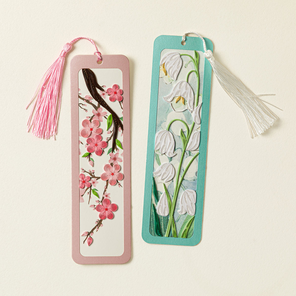 Blossoms & Birds Hand-Quilled Bookmark Set - Lily of The Valley and Cherry Blossom Set