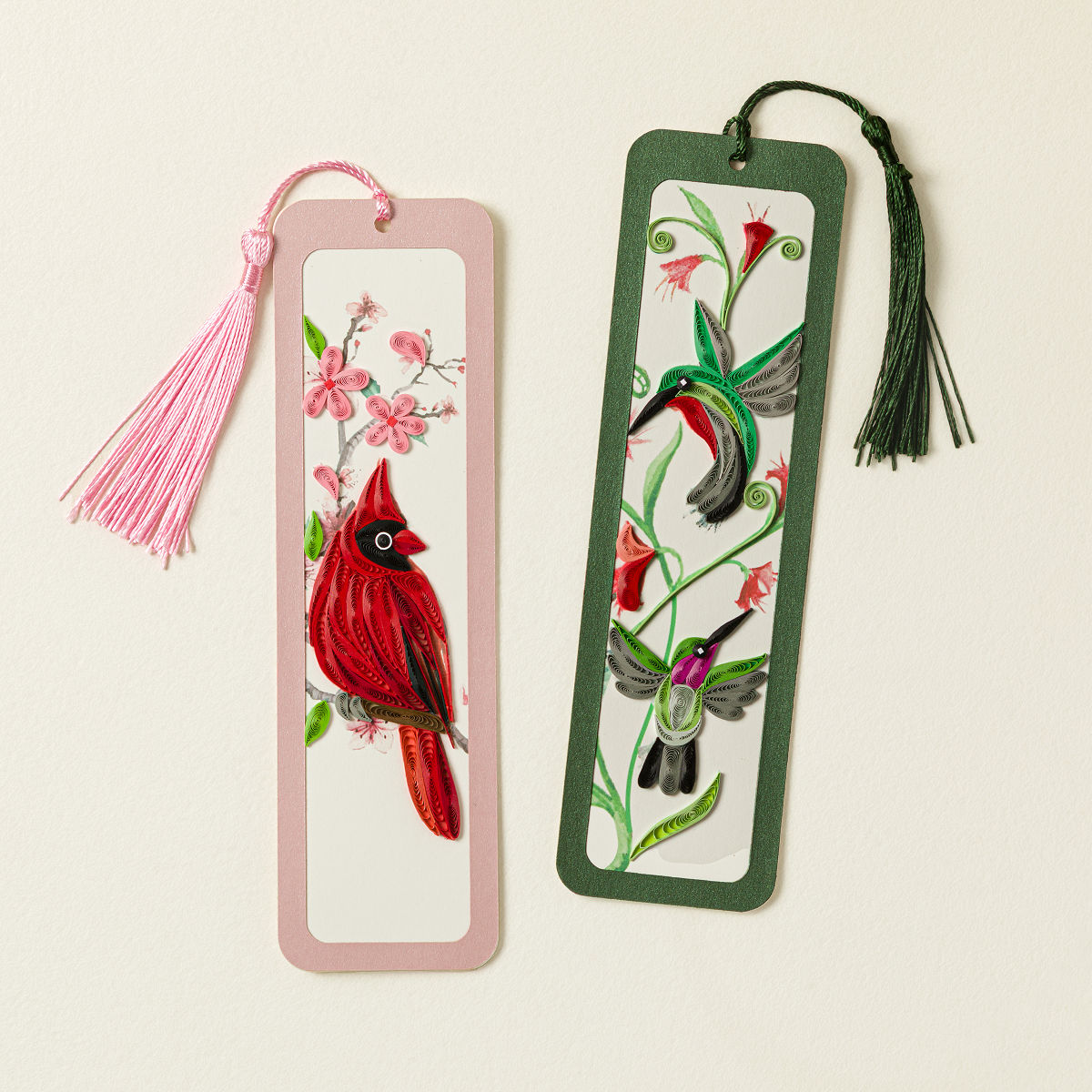 Blossoms & Birds Hand-Quilled Bookmark Set - Cardinal and Hummingbird Set