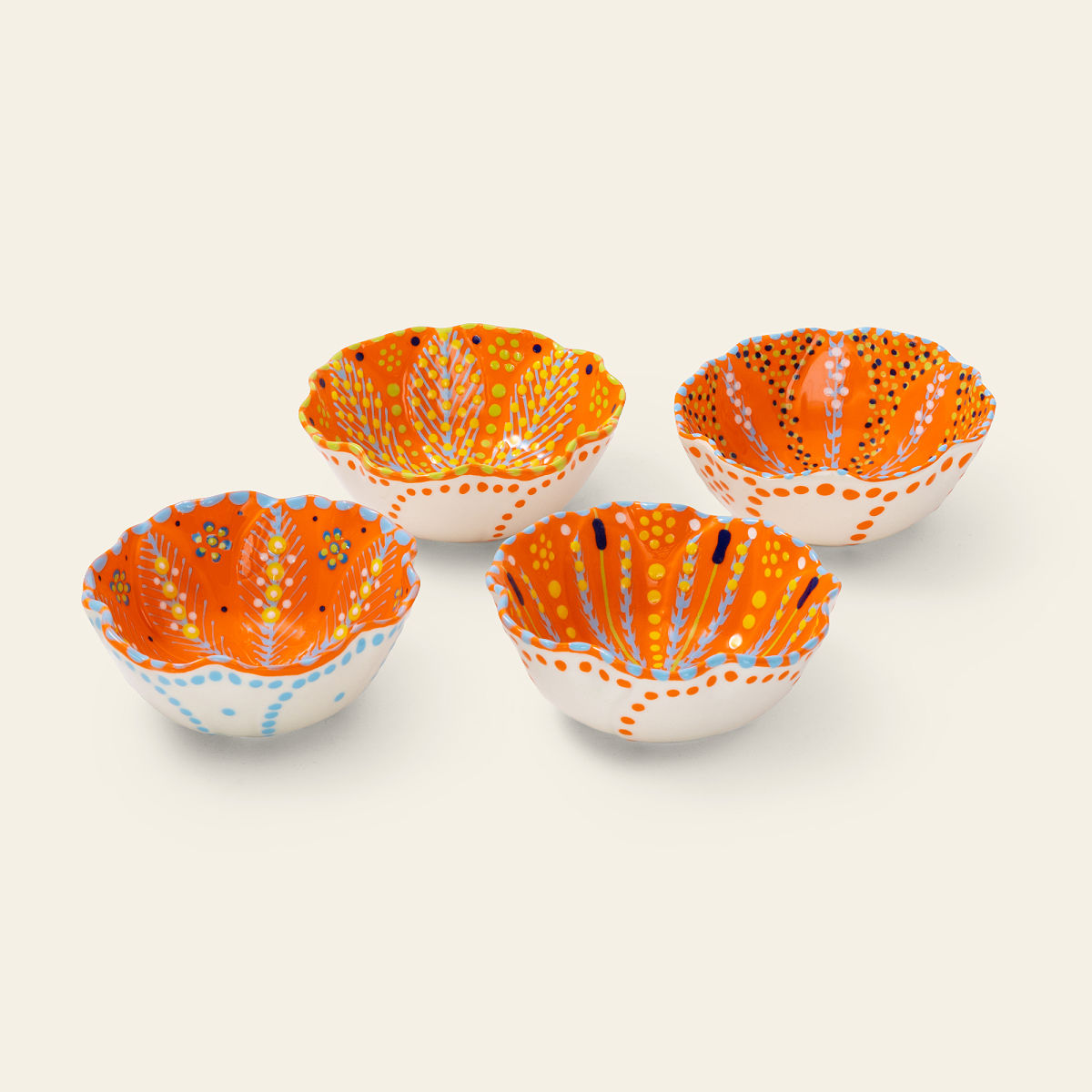 South African Hand-Painted Scalloped Bowl Set - Orange - Set of 4