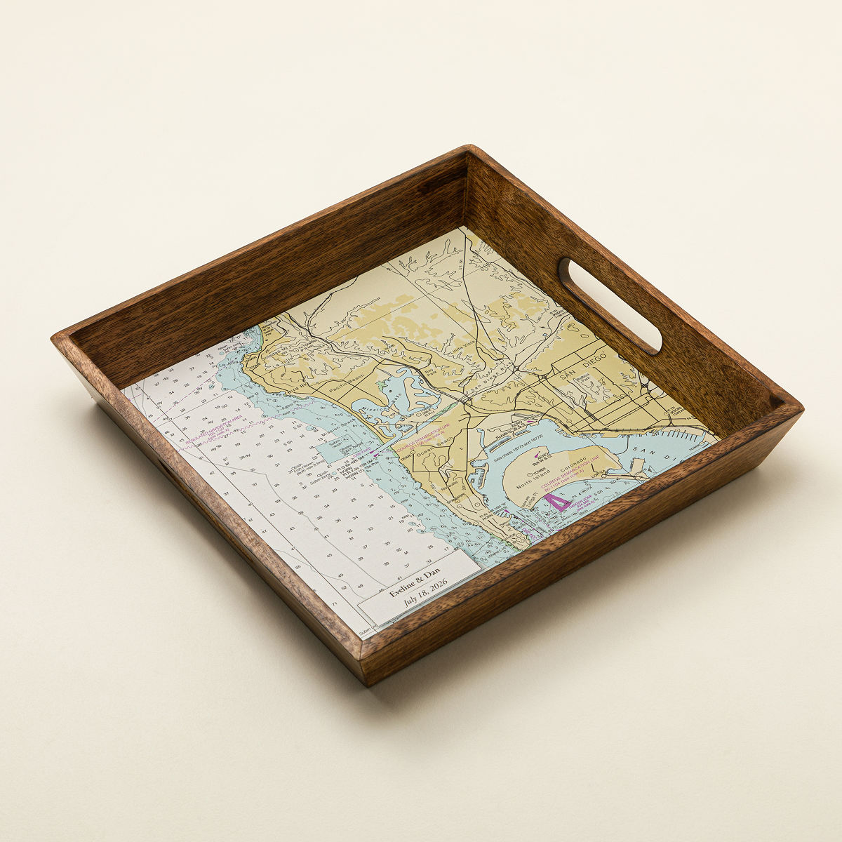 Personalized Nautical Map Serving Tray - Burnt Wood Serving Tray