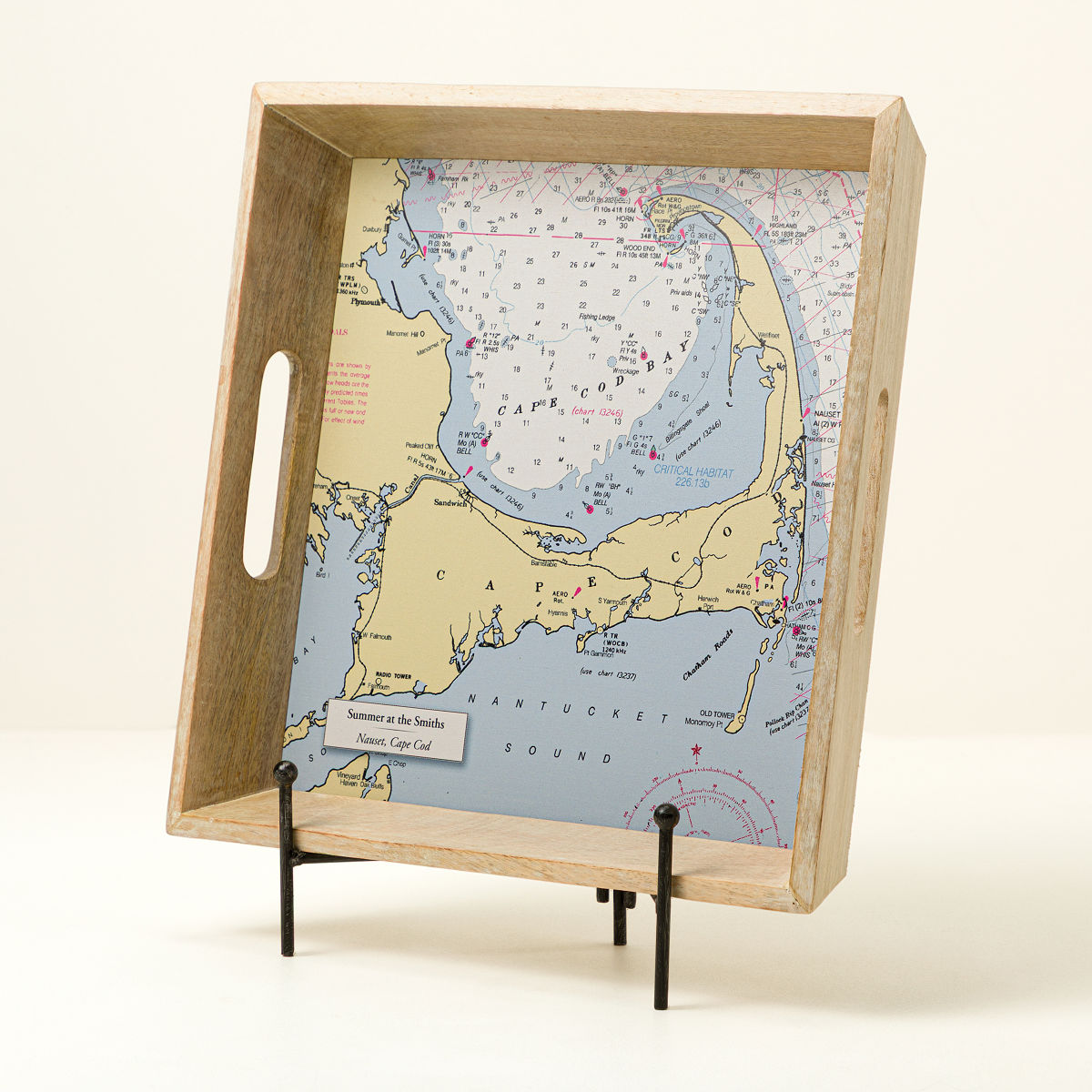 Personalized Nautical Map Serving Tray - Natural Wood Serving Tray w/ Stand