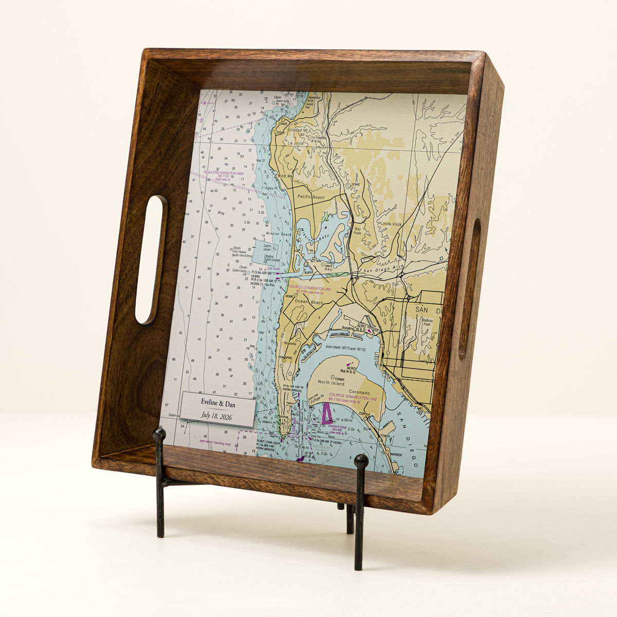 Personalized Nautical Map Serving Tray - Burnt Wood Serving Tray w/ Stand