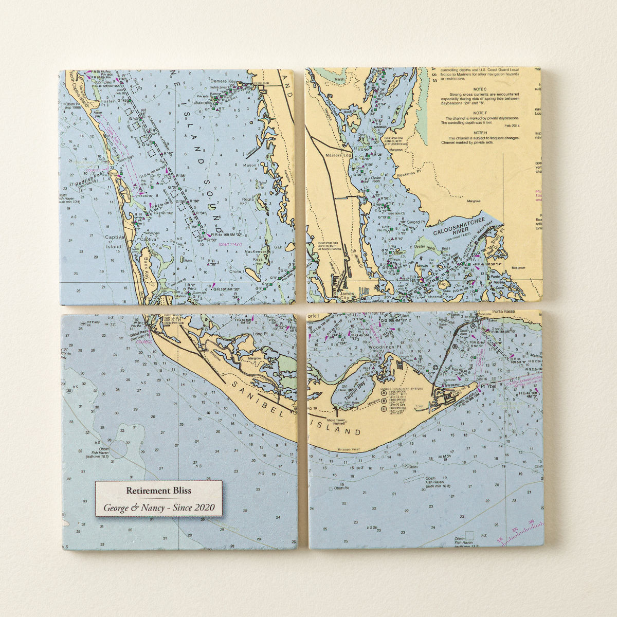 Personalized Nautical Map Coasters - Set of 4 - Coasters Only