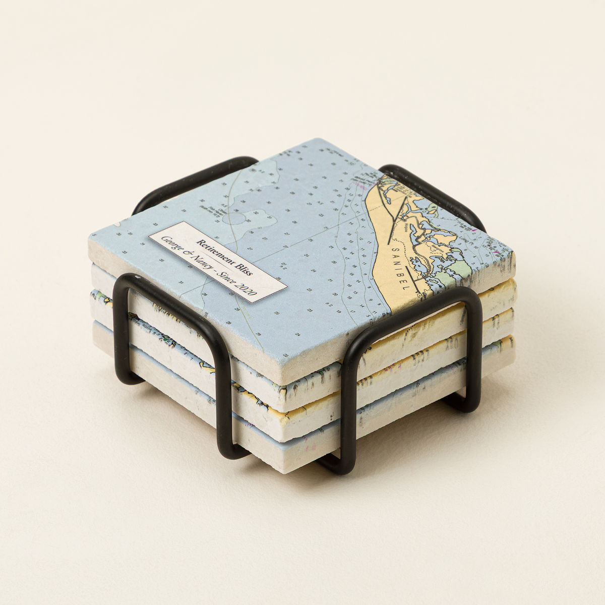 Personalized Nautical Map Coasters - Set of 4 - Coasters with Stand