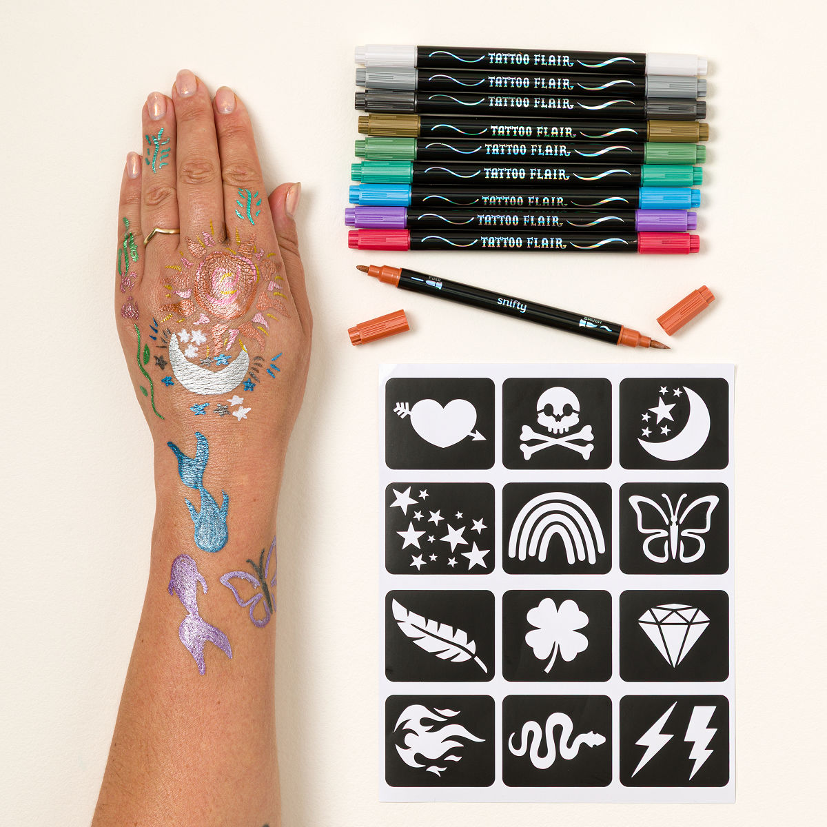 Metallic Tattoo Markers & Stencil Kit