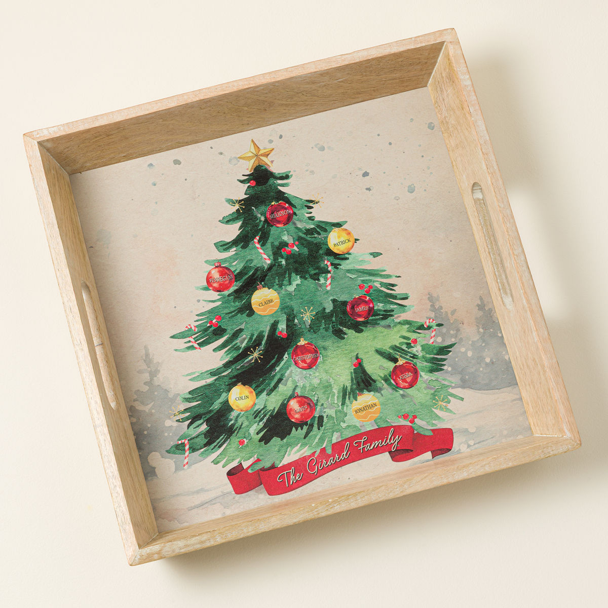 Personalized Family Christmas Tree Tray - Rustic Wood Serving Tray