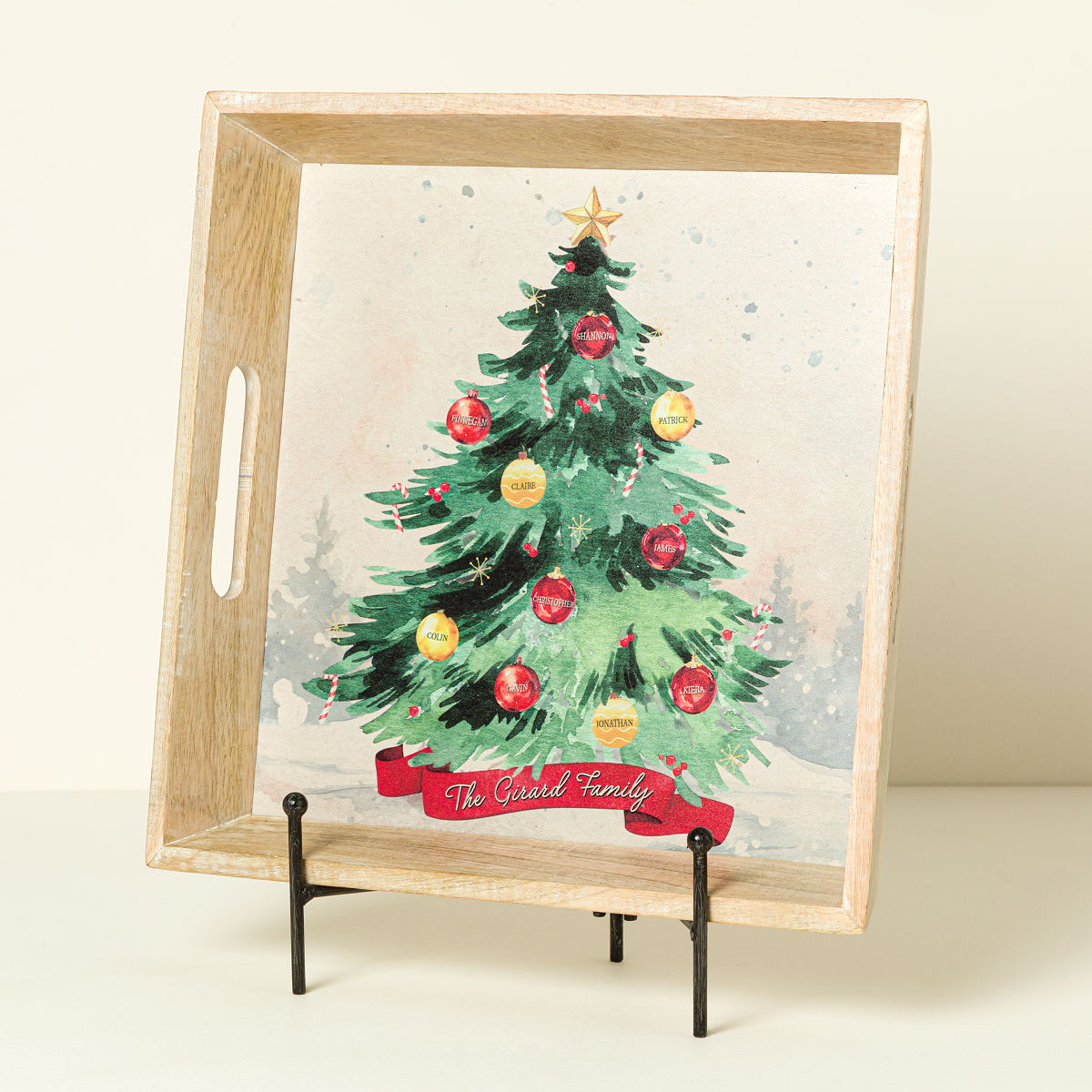 Personalized Family Christmas Tree Tray - Rustic Wood Serving Tray w/ Stand
