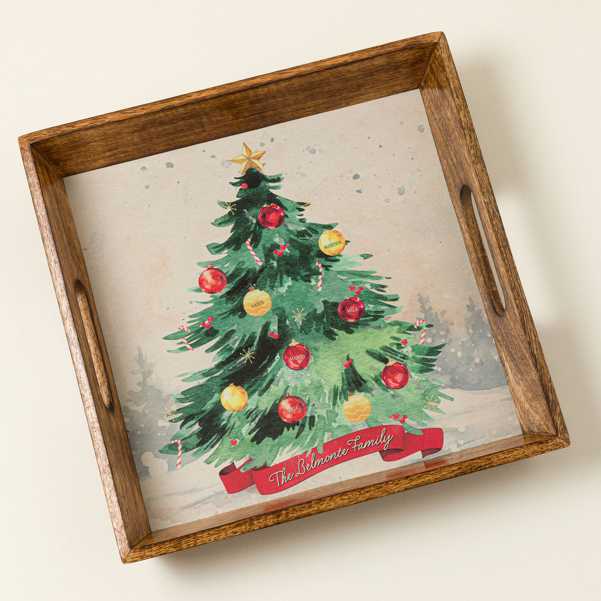 Personalized Family Christmas Tree Tray - Burnt Wood Serving Tray