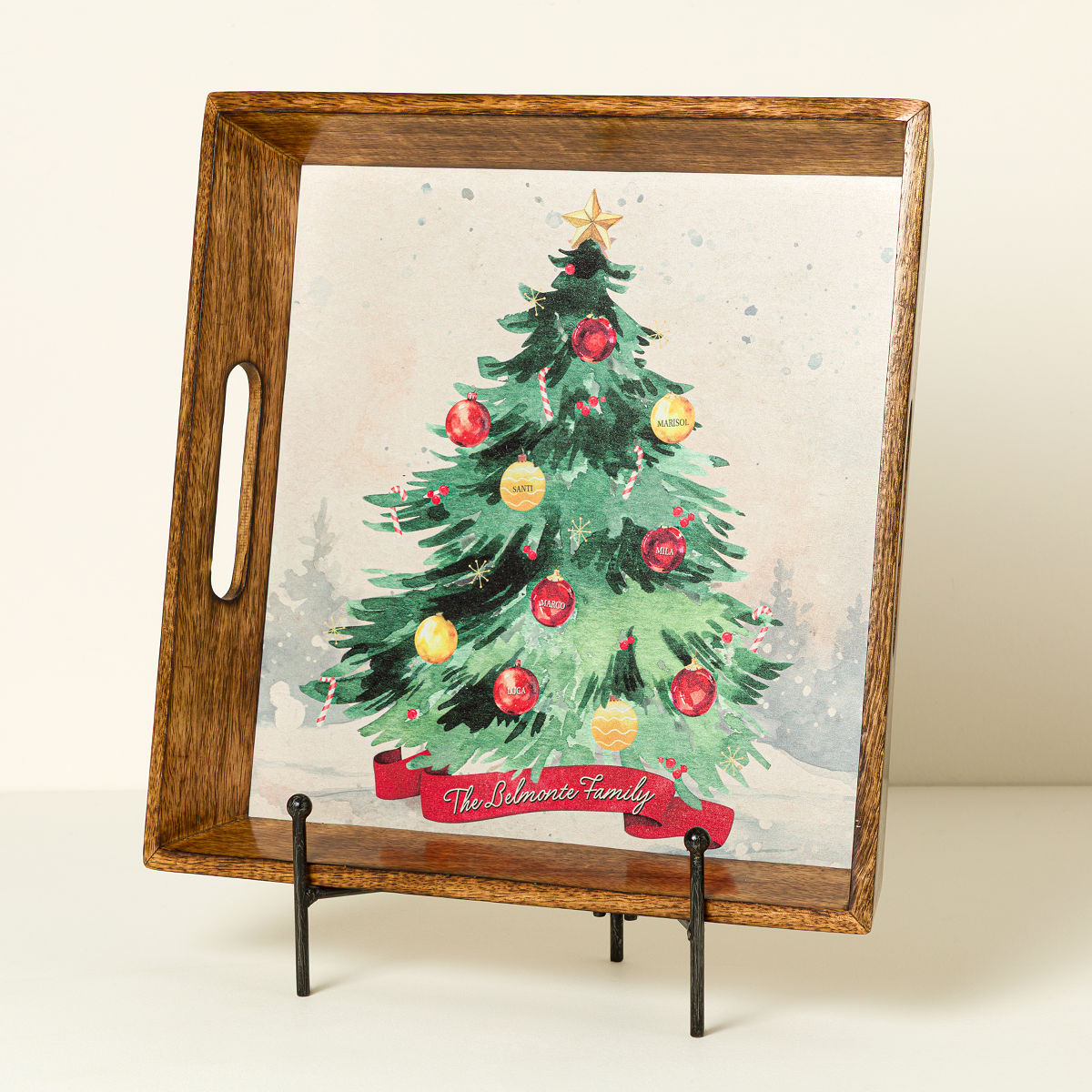 Personalized Family Christmas Tree Tray - Burnt Wood Serving Tray w/ stand