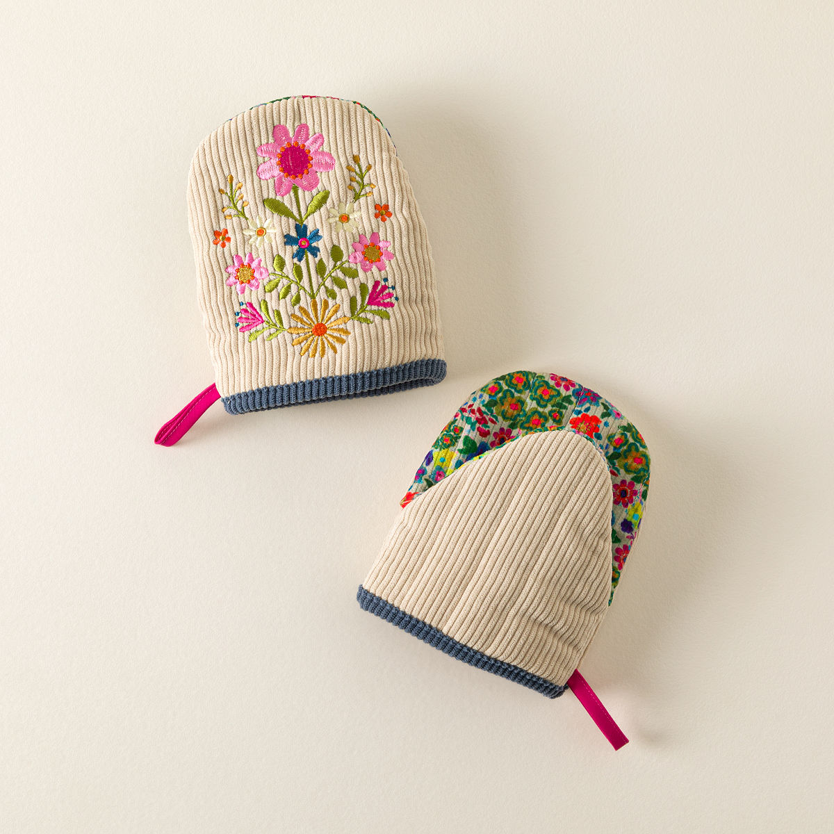 Floral Embroidered Oven Mitt - Short Mitts - Set of 2